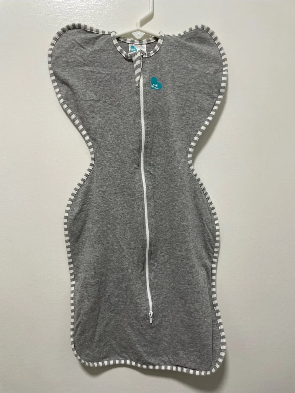 Gray Baby Swaddle Sleep Sack with White Striped Trim